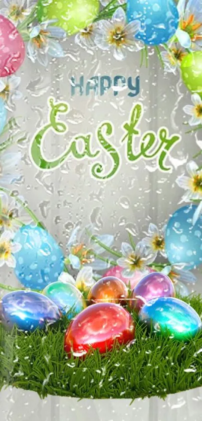 Easter wallpaper with colorful eggs and flowers.