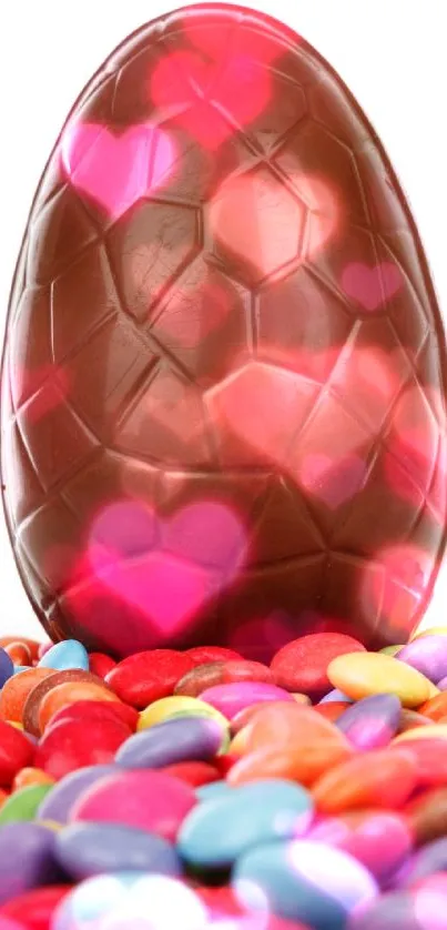 Chocolate Easter egg on colorful candy background.