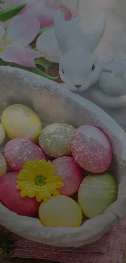 Easter bunny with colorful eggs in basket and flowers.