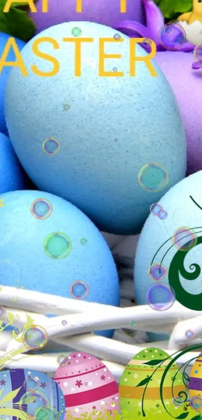 Colorful Easter eggs with decorative patterns in a basket display.