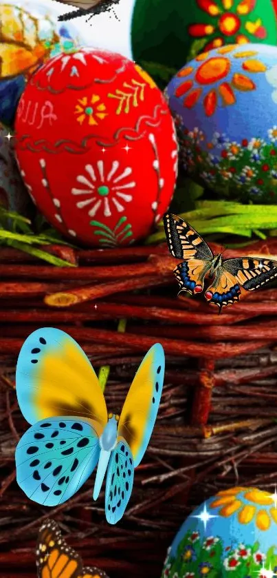 Colorful mobile wallpaper with Easter eggs and butterflies.