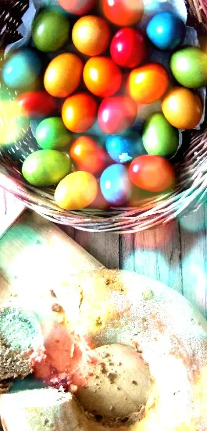 Basket of colorful Easter eggs with cake on wooden background.