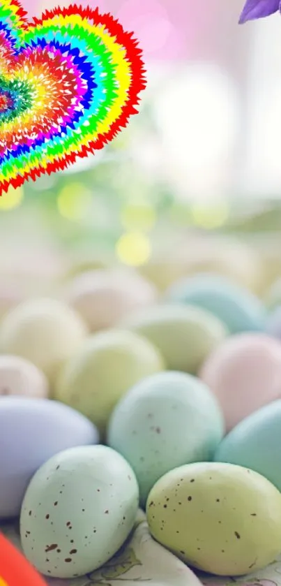 Pastel Easter eggs with a vibrant rainbow heart design on a mobile wallpaper.