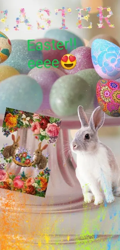 Festive Easter wallpaper with colorful eggs and rabbit.