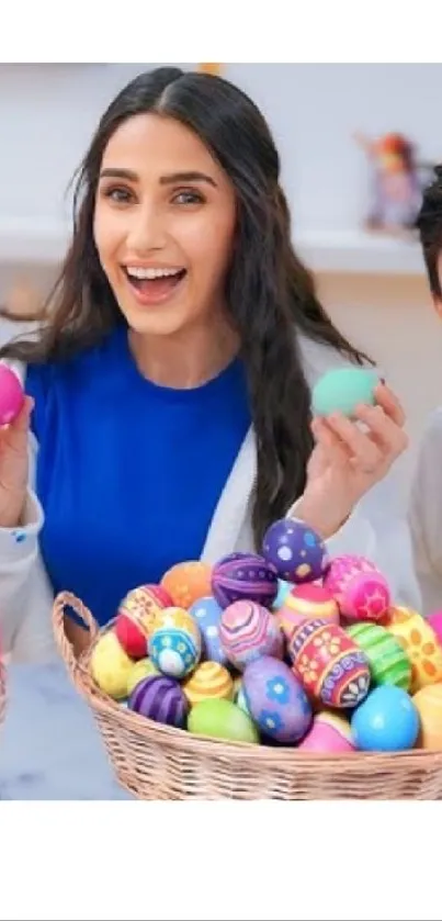 Cheerful people with colorful Easter eggs in baskets.