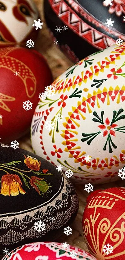 Intricate and colorful Easter eggs with festive patterns.