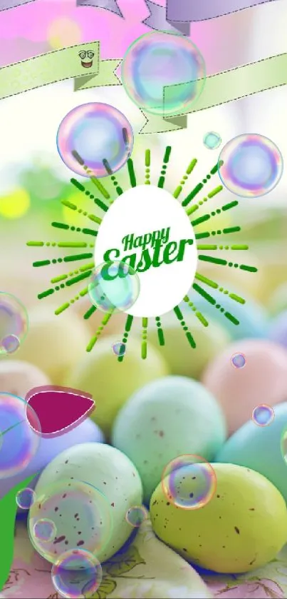 Colorful Easter-themed wallpaper with eggs and a happy greeting.