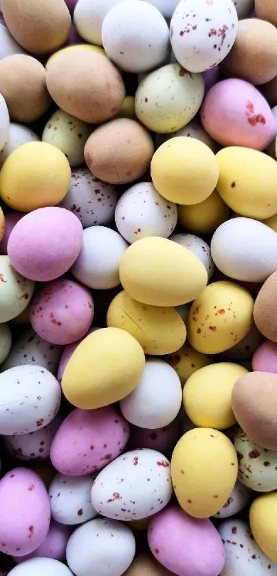 Colorful Easter eggs in soft pastel hues, perfect festive wallpaper.