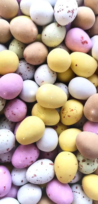 A vibrant arrangement of pastel-colored Easter eggs in various shades.