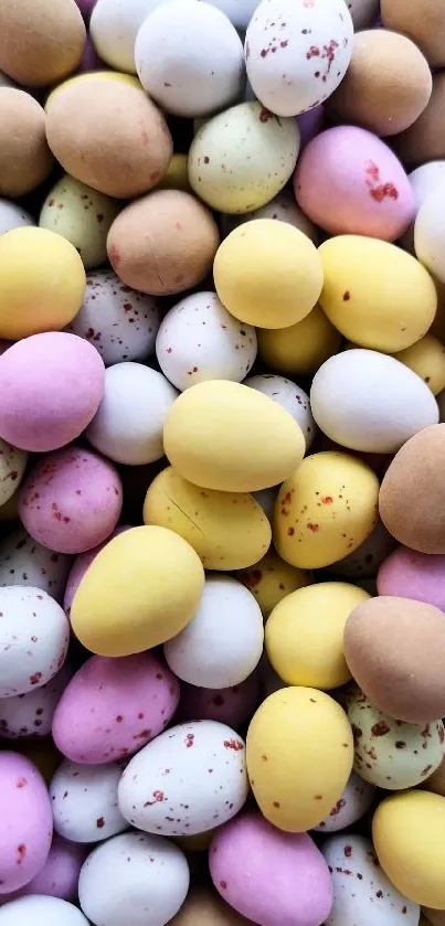 Colorful speckled Easter eggs in pastel colors.