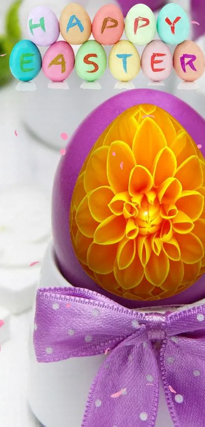 A vibrant Easter egg with purple and golden floral design.