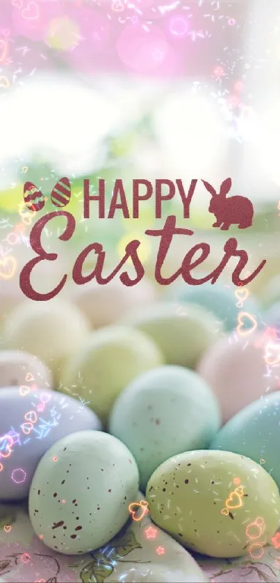 Colorful pastel Easter eggs with 'Happy Easter' text.