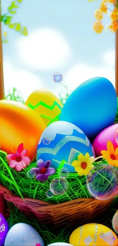 Colorful Easter eggs in a basket with flowers.