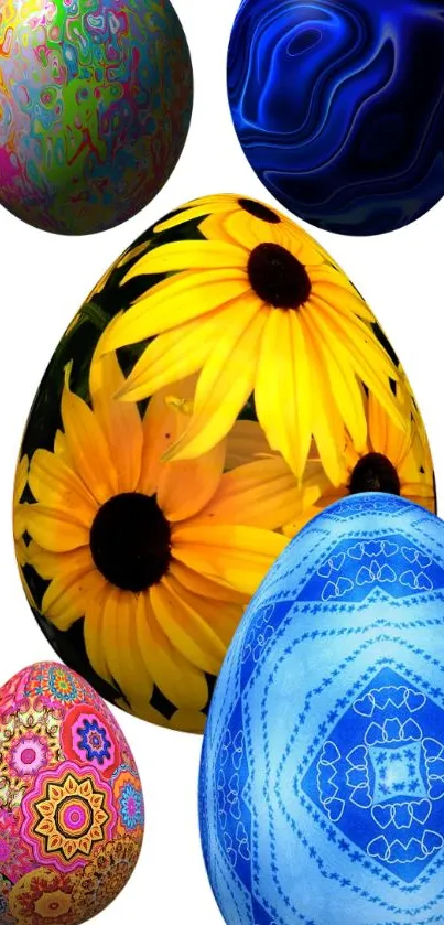 Colorful Easter eggs with floral and intricate designs on a white background.