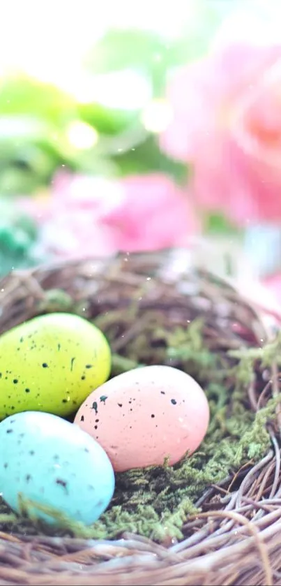 Vibrant Easter eggs in a rustic nest with floral and green background.