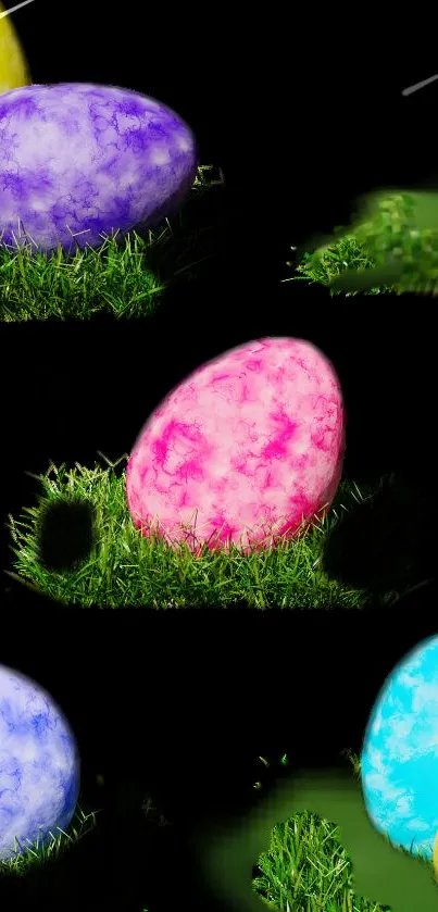 Colorful Easter eggs on grass, black background.