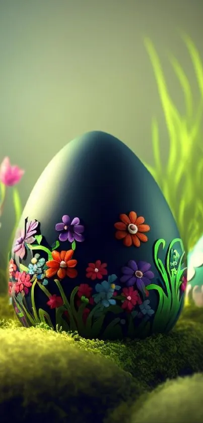 Colorful Easter egg with floral design on a green nature background.