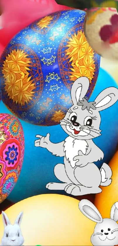 Vibrant Easter wallpaper with colorful eggs and a cute cartoon bunny.