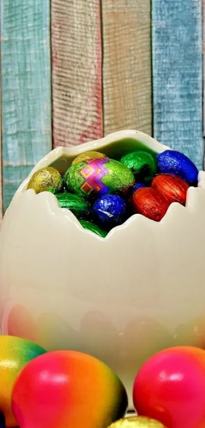 Colorful Easter eggs in a cracked shell with a wooden background.