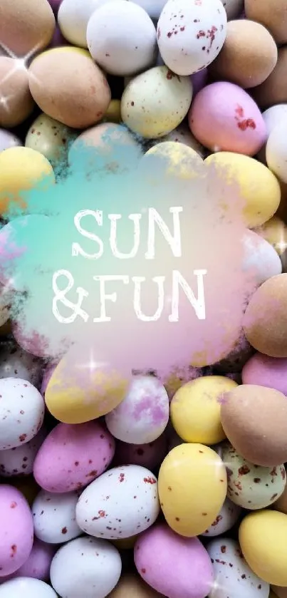 Pastel Easter eggs with 'Sun & Fun' text.