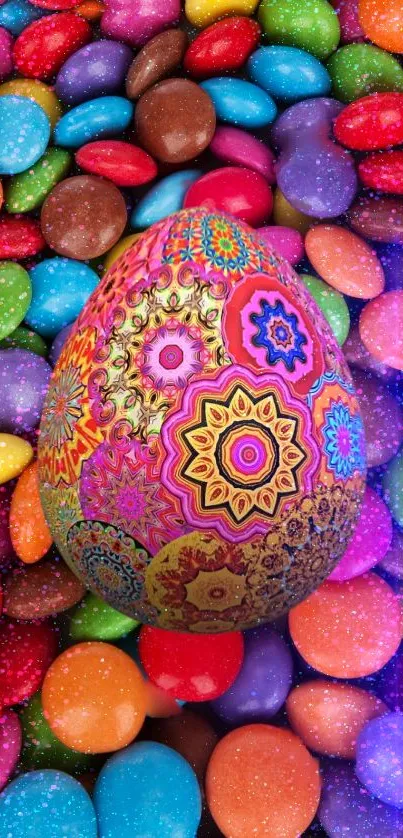 Colorful Easter egg with candies background wallpaper.
