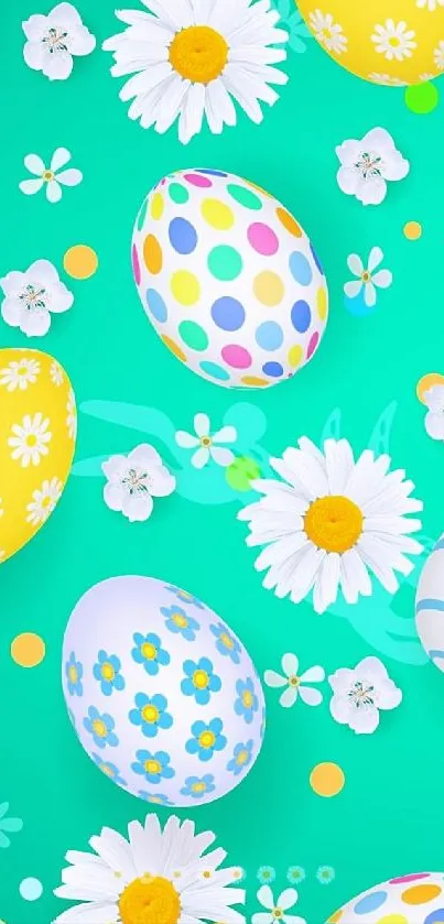 Vibrant Easter eggs and spring flowers on a teal background.