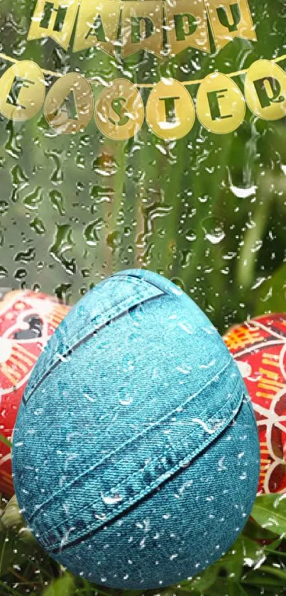 Vibrant Easter eggs with raindrops and a Happy Easter message on a green background.