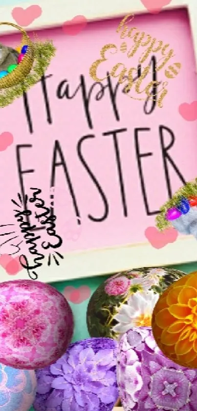 Colorful Easter eggs with festive message in pastel hues.