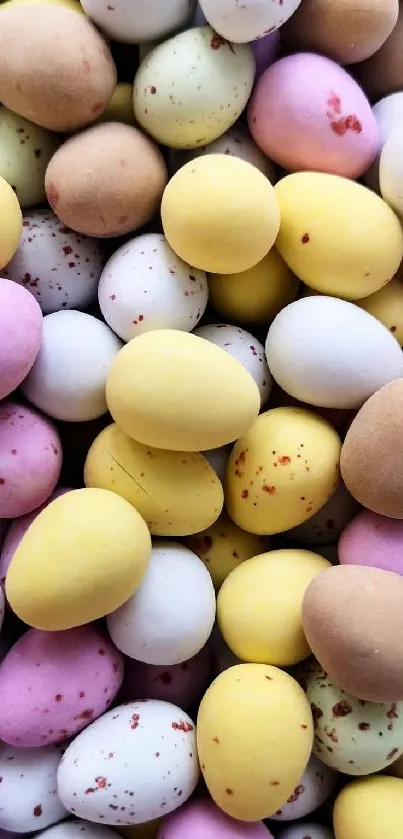 Vibrant pastel Easter eggs in pink, yellow, and brown hues, scattered randomly.