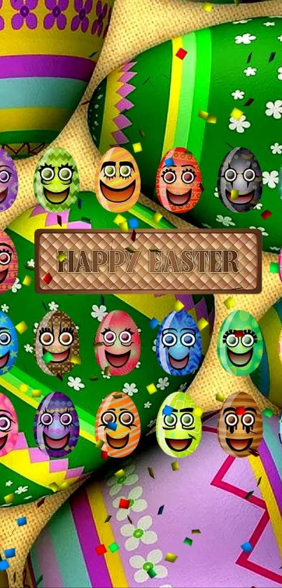 Vibrant Easter eggs with smiling faces and a festive Happy Easter message.