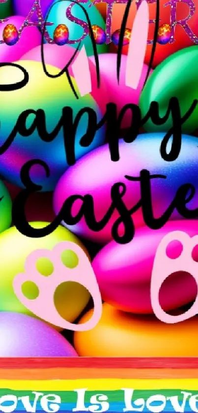 Colorful Easter egg wallpaper with love message and rainbow design.