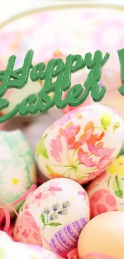 Colorful Easter eggs with floral patterns and 'Happy Easter' message in green text.