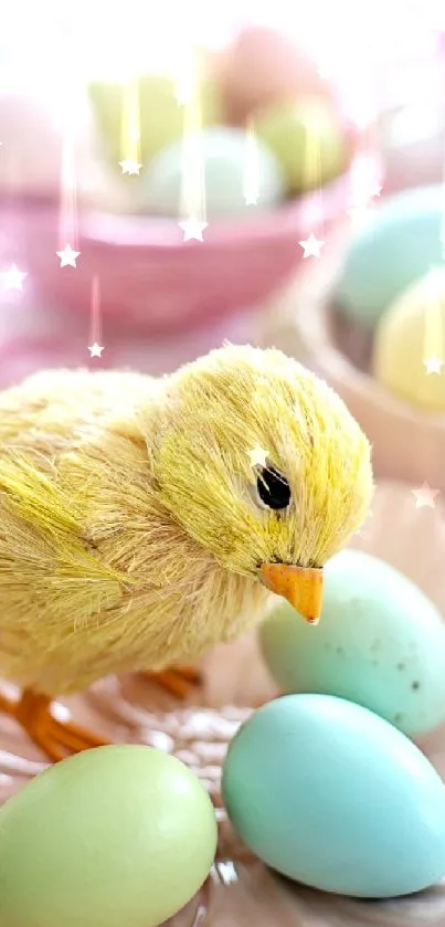 Easter-themed mobile wallpaper with pastel eggs and a yellow chick.