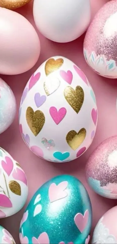Colorful Easter eggs with hearts and gold accents.