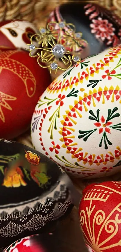 Intricately designed colorful Easter eggs in a festive arrangement.