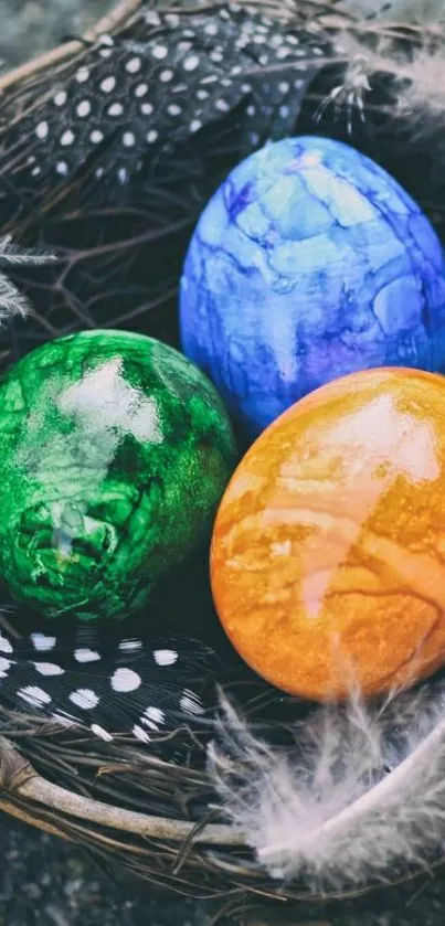 Colorful Easter eggs in a rustic basket wallpaper.