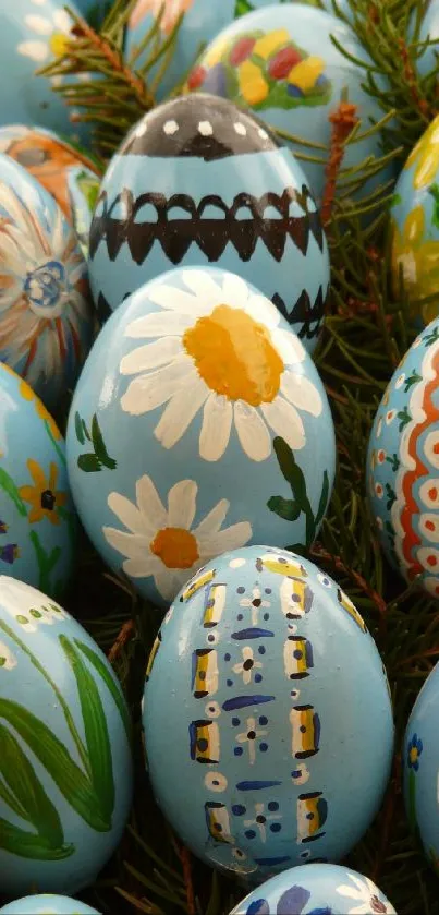 Vibrant Easter eggs with nature-inspired designs on a blue background.