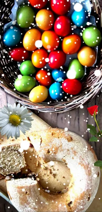 Basket of colorful Easter eggs and festive bread with flowers.