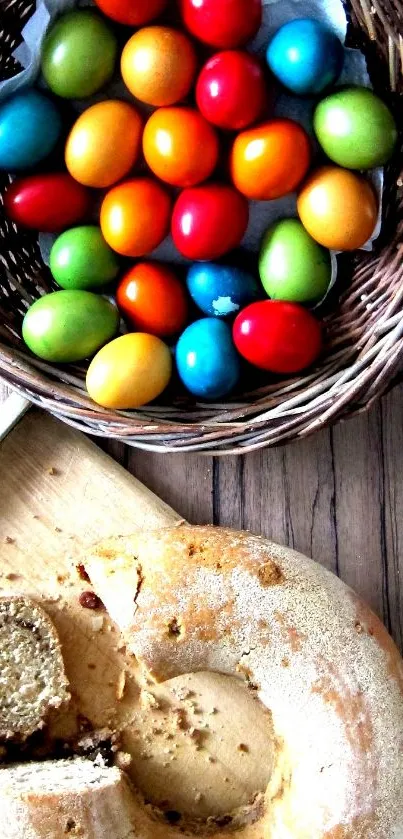 Colorful Easter eggs in a basket with rustic bread.