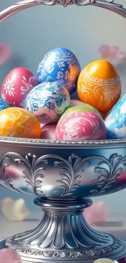 A decorative basket filled with vibrant colored Easter eggs on display.