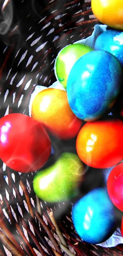 Vibrant Easter eggs in a wicker basket for festive wallpaper.