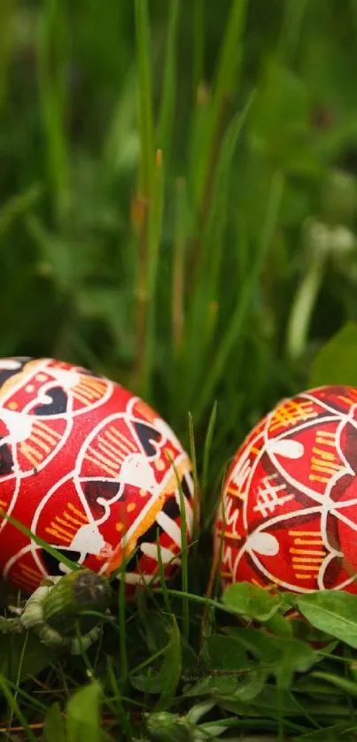 Colorful Easter eggs with intricate patterns resting in green grass.