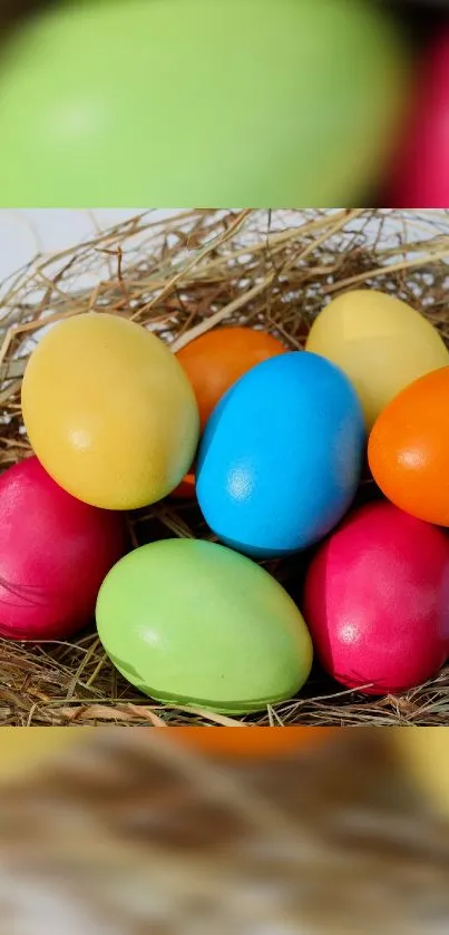 Colorful Easter eggs resting in a nest, perfect festive wallpaper.