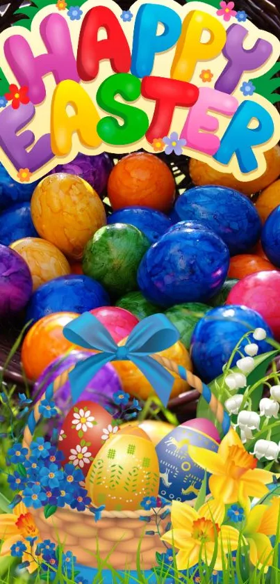 Colorful Easter eggs with 'Happy Easter' text in woven basket.