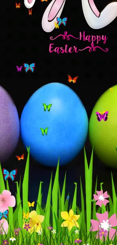 Colorful Easter eggs with butterflies and flowers on a festive mobile wallpaper.