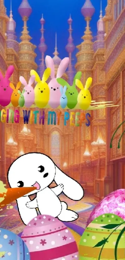 Colorful Easter wallpaper with palace and cartoon rabbits.