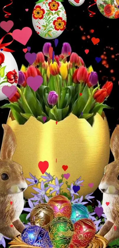 Easter wallpaper with tulips, eggs, and bunnies.