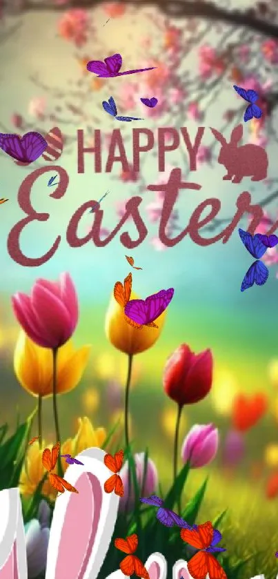 Colorful Easter wallpaper with tulips and cherry blossoms.