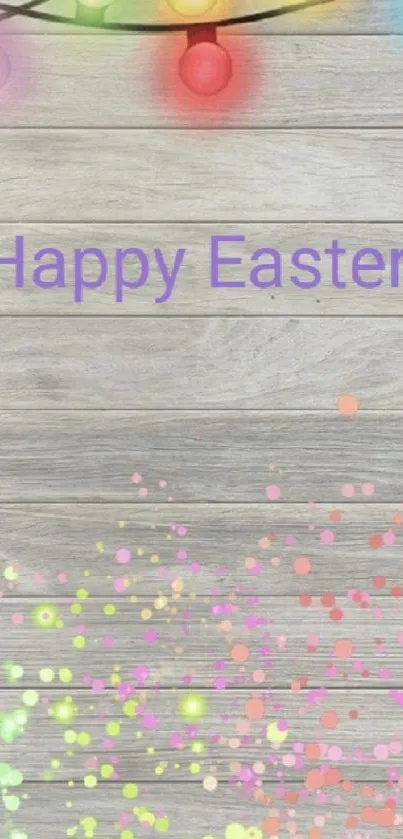 Easter wallpaper with colorful lights on wood background.