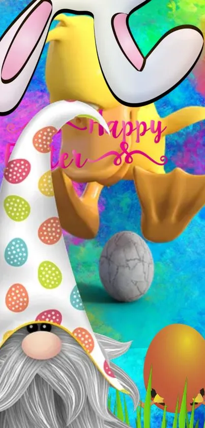 Vibrant Easter wallpaper with gnome, eggs, and bunny ears in a colorful background.